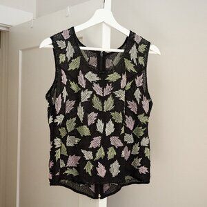VINTAGE Beaded Black Tank Top Sheer Green/Pink Leaf Design M
